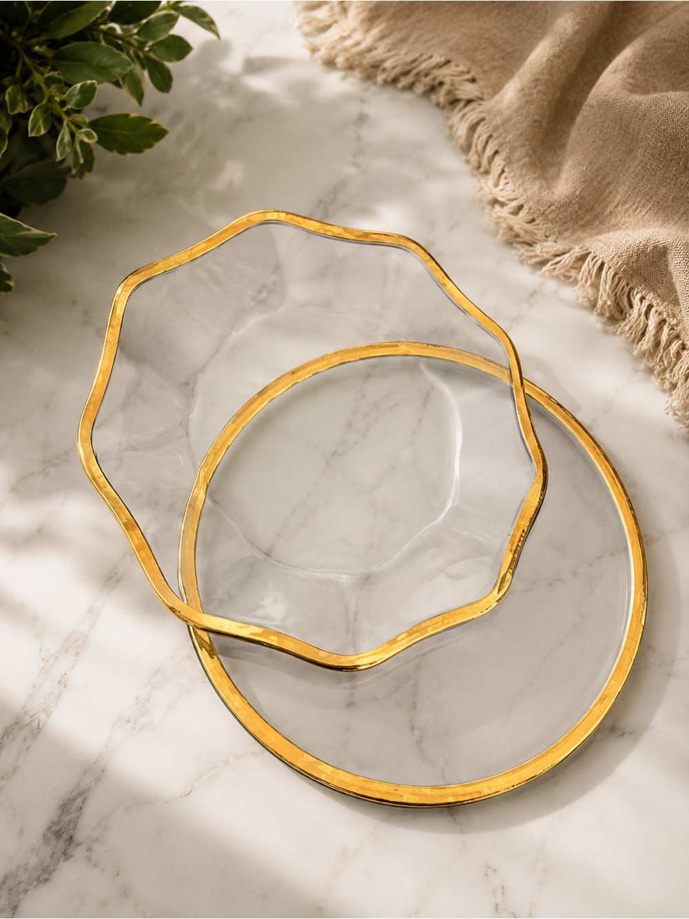 Vintage Gold Rim Glass Serving Trays Set of 2 | 14” Sculptural Organic Edge Luxe